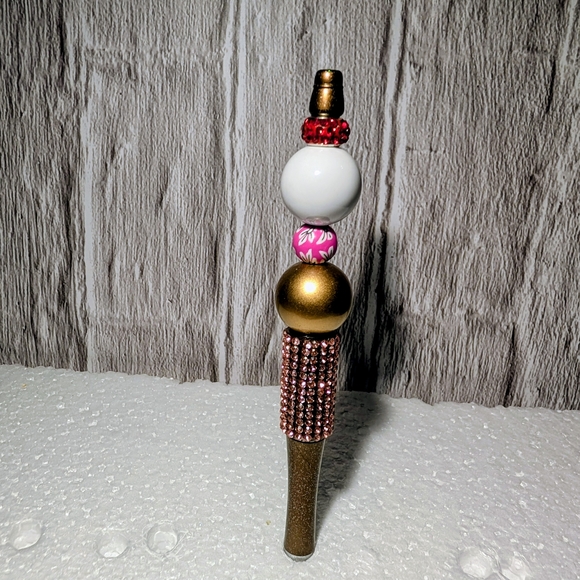 2 Beaded Pens - Gold and Pink Beaded Pen And Gray Football Themed Pen - Picture 4 of 4